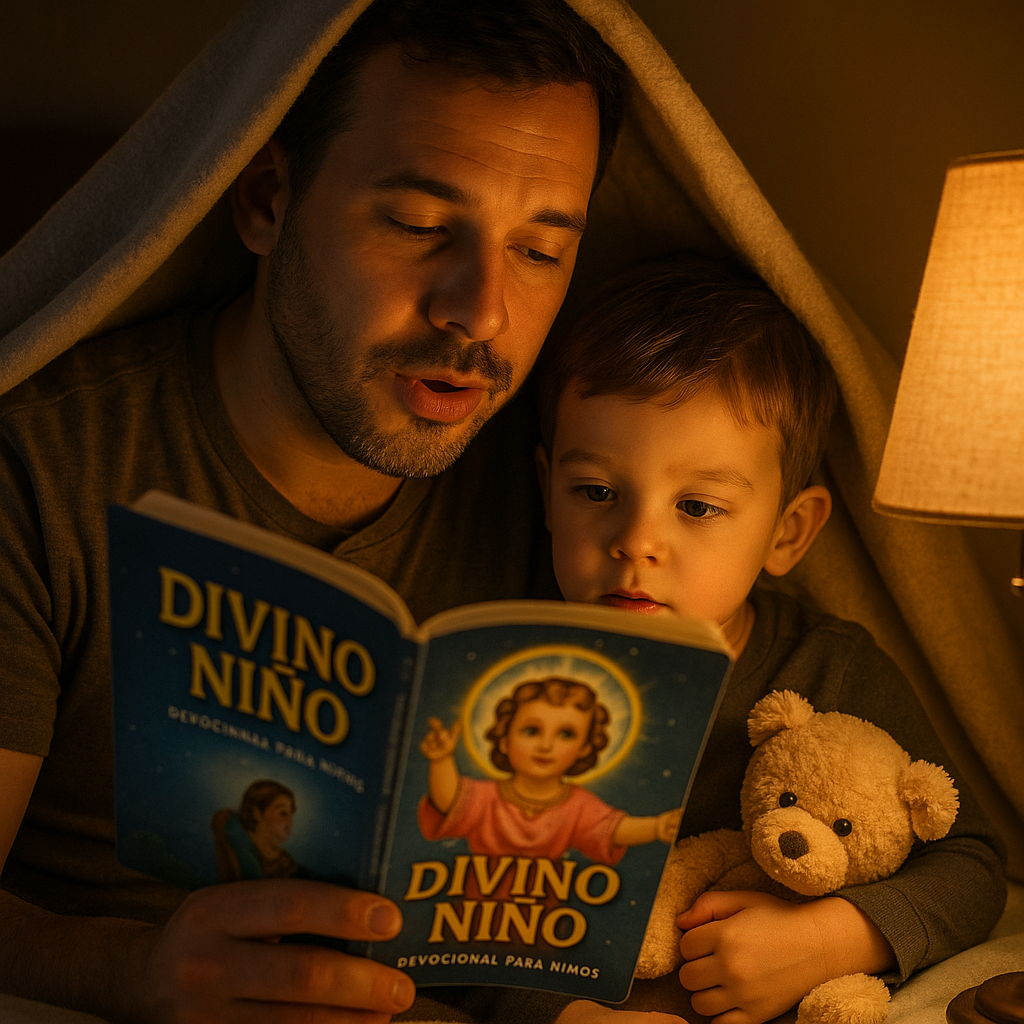Padre leyendo el devocional de noche con el niño